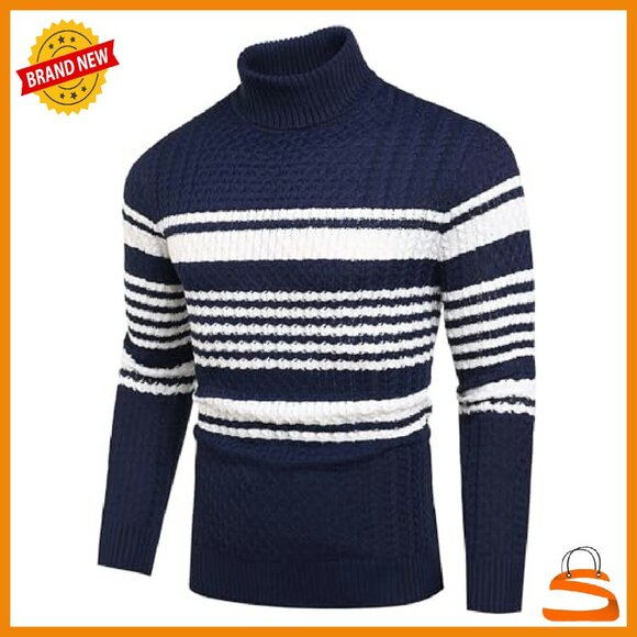 Men's Slim Fit Turtleneck Sweater Thermal Pullover Knitted Twisted Design - Picture 3 of 8